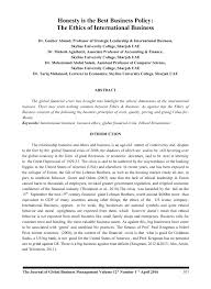 Pdf Honesty Is The Best Business Policy The Ethics Of International Business