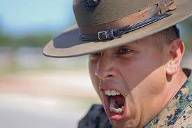 Motivation Monday// SCREAM AYE SIR! Senior Drill Instructor, Staff Sgt.  Andres Medina, leads incentive training for recruits with Platoon 1041,  Alpha Company.
