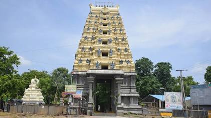 Intricate Dravidian tower of Amaralingeswara Swamy Temple, AI generated