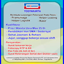 Dibutuhkan segera karyawan/karyawati untuk ditempatkan pada posisi kasir di swalayan indogrosir 22 bogor dengan persyaratan: Indogrosir Yogyakarta Membuka Lowongan Pekerjaan Pada Posisi Pramuniaga Helper Logistik Helper Loading Kasir Lowongan Yogyakarta Solo Semarang Kerja