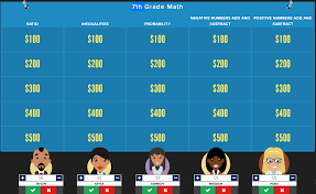 Each game is a math test with multiple choice questions which aid in mentally solving problems. Math Jeopardy 7th Grade Math Jeopardy Game Math Jeopardy Jeopardy Game