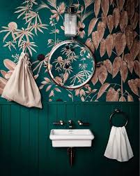 Emerald Tropical Wallpaper Painted Bead Board Round Brass Mirror Retro Vintage Mid Century Bathroom Green Color Trends Green Bathroom Blush Pink Wallpaper