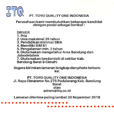 Lowongan sopir pt indomarco purwakarta. Lowongan Kerja Pt Toyo Quality One Indonesia Lowongan Kerja Terbaru Indonesia 2021