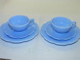 1930s Vintage Jeannette Delphite Blue Cherry Blossom 3 Piece Tea Cup Set Blue Milk Glass Set Of 2 Child S Tea Set Kids Tea Set Milk Glass Collection Milk Glass