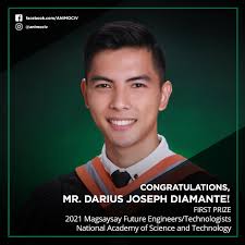 Congratulations, Mr. Darius Joseph Diamante! He was awarded FIRST PRIZE in  the 2021 Magsaysay Future Engineers/Technologists! The Magsaysay Future  Engineers/Technologists Award aims to recognize outstanding research  outputs