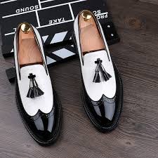 Black And White Loafers With Tassels Black White Tassels Glossy Patent Leather Loafers Flats Dress Shoes Patent Leather Loafers Flat Dress Shoes Faux Leather Heels