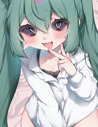 yuruiruka, hatsune miku, mimukauwa nice try (vocaloid), vocaloid, highres,  tagme, 1girl, black bra, black sclera, bra, colored sclera, green hair,  looking at viewer, open mouth, shirt, twintails, underwear, white shirt -  Image