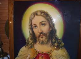 Jesus Christ Sacred Heart 38 Inches Religious Antique Lithograph Large  Clear Coat Dimensional Wood Frame Art Picture Yard Long