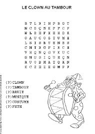 coloriage educatif mots meles du carnaval et mot mele sur un clown avec son tambour dinosaure