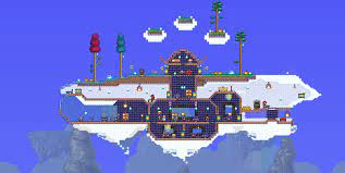 Terraria resembled a medieval obstacle course, with two castles and a lake in the middle. Pc Sky Base Terraria Community Forums