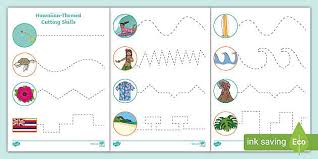 Set a traditional ring toss game up with leis instead of rings! Eyfs Hawaiian Themed Cutting Skills Worksheets Scissor Skills