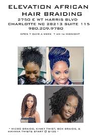 We are licenes african hair braiders that provides quality service in a friendly and uplifting atmosphere. Elevation African Hair Braiding Praise 100 9