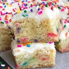 Funfetti Cake Batter Cookie Bars Soft Thick Chewy Cake Batter Cookie Bars With An Almond Whip Cookie Bar Recipes Cake Batter Cookies Cake Batter Recipes