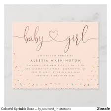 Colorful Sprinkle Rose Gold Girl Baby Shower Invitation Postcard Zazzle Com Baby Shower Invites For Girl Colorful Baby Shower Invitations Girl Baby Shower Party