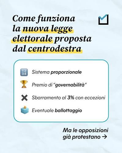 Dal premio di maggioranza alle soglie di sbarramento, abbiamo riassunto le principali novità della nuova legge elettorale proposta dal centrodestra. ↗️ Leggi l'articolo completo sul sito, link in bio e nelle stories