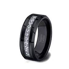 8mm Black Tungsten Carbide Ring 11 Cz Trillion Mens Wedding Comfort Fit Mens Wedding Bands Tungsten Black Black Tungsten Rings Mens Wedding Bands Black