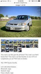 Guy S Hilarious 99 Corolla Craigslist Ad Has Punchlines For Days Funny Facebook Status Craigslist Funny Sell Car