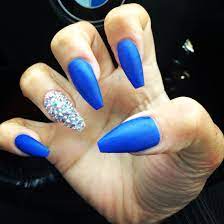 matte blue swarovski crystal coffin shape nails finger nails short
