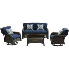 Hanover Strathmere 4 Piece Wicker Patio Sectional Seating Set With Navy Blue Cushions Wicker Patio Sectional Outdoor Lounge Set Blue Cushions