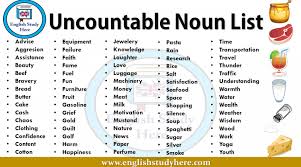Uncountable Noun List Uncountable Nouns English Study Nouns