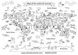 Coloring Book Map Of The World D Artoon Globe With Animals Black And White Hand Drawn America Map Illustration Coloring Books Hand Drawn Vector Illustrations