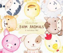 Farm Animal Illustration Watercolor Baby Dog Cat Sheep Horse Pig Chicken Duck Cow Cute Nursery Wall Decor Clipart Digital Pintinhos Porco Desenho Arte Infantil