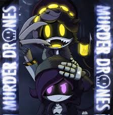 n (murder drones), uzi (murder drones), glitch productions, murder drones,  highres, 1boy, 1girl, beanie hat, choker, claws, coat, copyright name,  fangs, hat, purple eyes, purple hair, robot, saliva, size difference, tail -