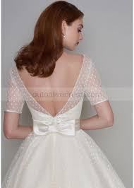 Short Sleeve Ivory Spotted Tulle Tea Length V Back Prom Dress Short Wedding Dress Vintage Wedding Dress Styles Tea Length Dresses