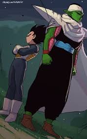 ironicnotsavage, piccolo, vegeta, dragon ball, dragonball z, commentary,  highres, 2boys, armor, black hair, boots, cape, colored skin, crossed arms,  dutch angle, gloves, grass, green skin, hat, male focus, multiple boys,  pointy ears,