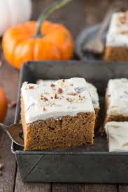 Easy To Make Pumpkin Sheet Cake Made In A 9x13 Inch Pan With Homemade Butter Pecan Frosting Brownies Recipe Homemade Pumpkin Cake Fall Dessert Recipes