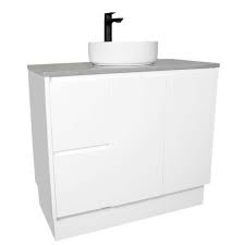 A tall center cabinet divides this long vanity into separate spaces. Floor Mount Vanity 900mm Gloss White Highgrove Bathrooms