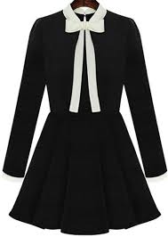 Bow Collar Flouncing Black Dress Black Dress White Collar Flounced Dress Mini Dress