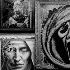 Who's ready for some frightfully good art? 🎃 These iconic horror villains  are looking extra spooky with their broken glass frames. If you could pick  any character for your next piece from