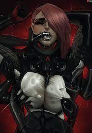 nyuunzi, mistral (metal gear rising), metal gear (series), metal gear rising:  revengeance, commentary, english commentary, highres, 1girl, asymmetrical  hair, barcode, black lips, bodysuit, breasts, closed eyes, cyborg,  dark