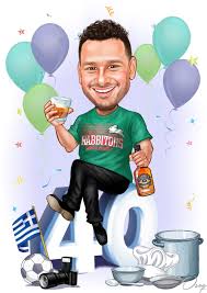 The Man Is Wearing A Green T Shirt With Rabbitohs Written Across It In White And Red Color The Items At The Bo Birthday Cartoon Cartoon Artist Custom Cartoons