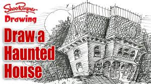 Halloween fun art filled with ghosts, crooked tree, graves, moon, bats, pump. Step By Step Haunted House Drawing Novocom Top