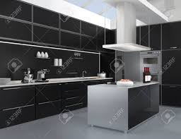 La distribución l es la más adecuada para una cocina moderna, porque es versátil y funcional, además de muy cómoda. Interior De La Cocina Moderna Con Electrodomesticos Inteligentes En La Coordinacion De Color Negro Representacion 3d De La Imagen Fotos Retratos Imagenes Y Fotografia De Archivo Libres De Derecho Image 56725441