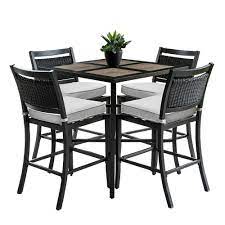 Weather resistant material over durable steel frames provides years of use and party hosting. Outdoor Indoor 9 Piece Aluminum Outdoor Bar Height Dining Set With 4 Wicker Bar Stools And Sunbrella Beige Cushions Hd8455t 8313bs4 Cu 9 Et The Home Depot