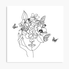 Abstract Face With Flowers By Line Art Drawing Portrait Minimalistic Style Botanical Print Flower Head Embroidered Canvas Art Line Art Drawings Outline Art