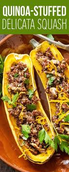 Stuffed Delicata Squash With Quinoa And Mushrooms Recipe Simplyrecipes Com Recipe Delicata Squash Recipes Meat Free