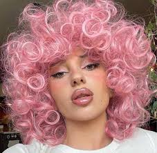 Pink 16 Inch Curly Wig Short Curly Wigs With Bangs Heat Resistant Synthetic  Fiber Hair Cosplay Wigs for Halloween or Parties