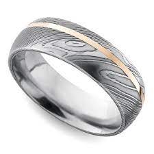 Offset Rose Inlay Domed Men S Wedding Ring In Damascus Steel Damascus Steel Ring Wedding Mens Wedding Rings Titanium Mens Wedding Bands Unique