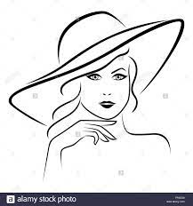 Abstract Beautiful Young Lady Portrait In A Wide Brimmed Hat Hand Drawing Vector Outline Stock Vector Art Drawings Face Drawing