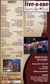 Five O One Sports Bar Grill Pub Grill Casual Dining Menu Restaurant Marshfield Wi Menu Restaurant Sports Bar Grilling Menu