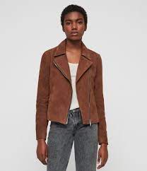 Allsaints Uk Womens Suede Vela Biker Jacket Conker Brown