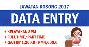 Beranda > administrasi > data entry > part time data entry, accounting myob & admin online shop prima imaging. Jawatan Kosong 2017 Kerani Kemasukan Data Data Entry Kelayakan Spm Gaji Rm1 200 0 Rm4 600 0