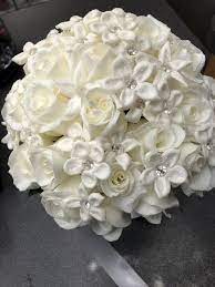 Priscilla S Bridal Bouquet White Roses With Stephanotis And Bling White Rose Bridal Bouquet White Bridal Bouquet White Bouquet