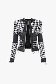 Black And White Houndstooth Coat Women S Black And White Houndstooth Tweed And Denim Suit Jacket Suit Jackets For Women Black And White Jacket White Jacket Outfit