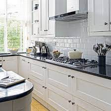 Solid oak worktop, solid wood timber, real solid wood worktops!!! White Kitchen With Black Worktop Decorating Ideal Home Kitchen Black Worktop White Kitchen Black Worktop Black Tiles Kitchen