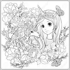 Unicorn and stars free printable coloring page. Cute Girl And Unicorn In Roses Garden Outline Drawing Coloring Page Coloring Book For Adult Stock Vector Royalty Free Cliparts Vectors And Stock Illustration Image 87672999
